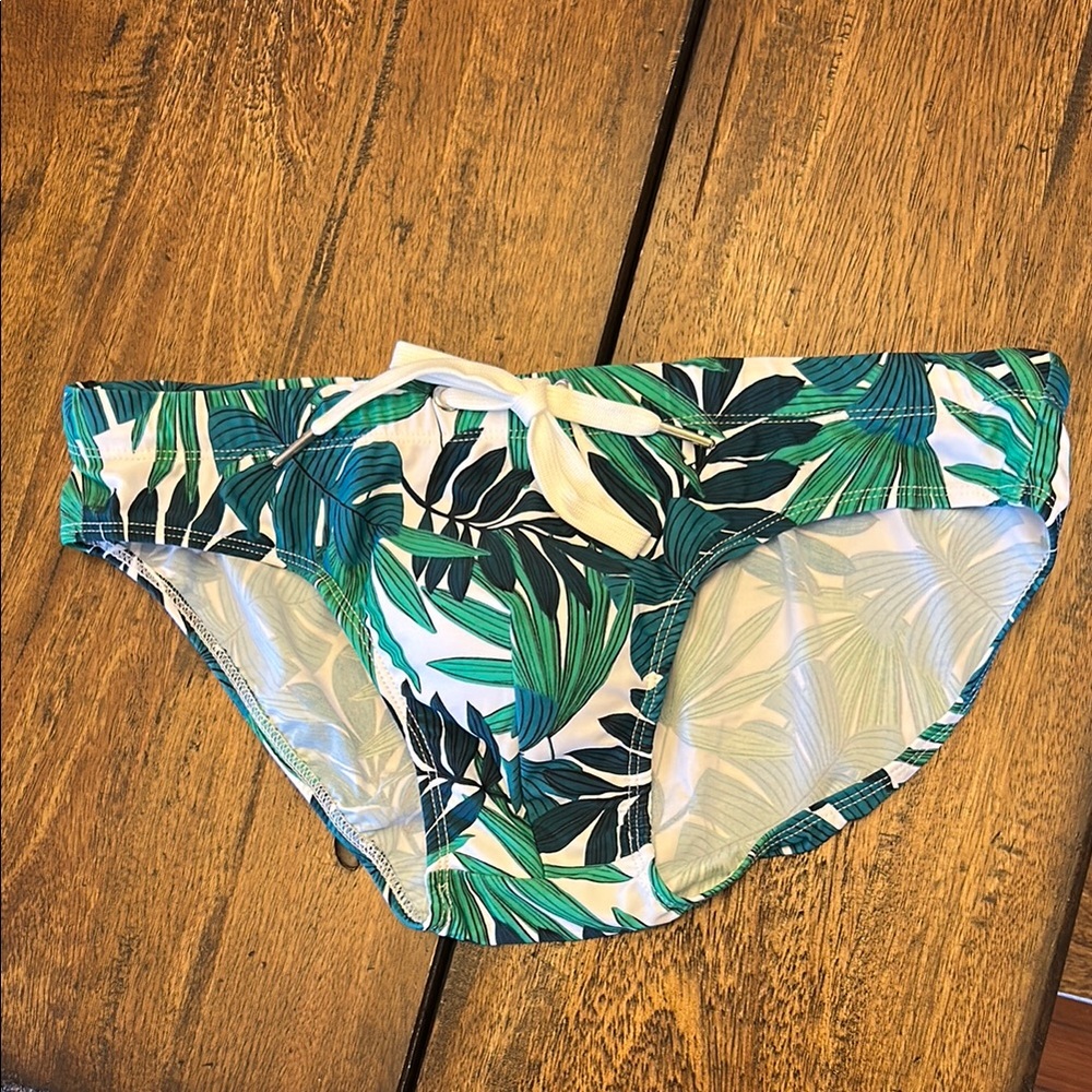 Tropical Leaf Print Swim Trunks